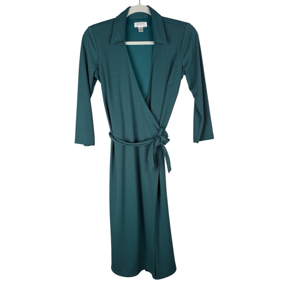 Ann Taylor‎ LOFT Teal Black Wrap Belted Dress Patterned Women's Size 2